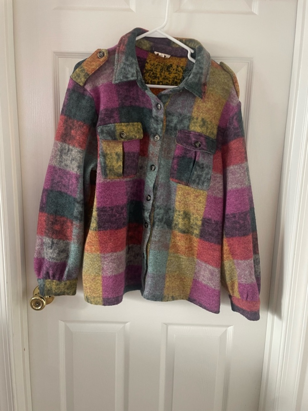 BiBi Multicolor Plaid Utility Shacket in Purple, Green, Pink, Yellow